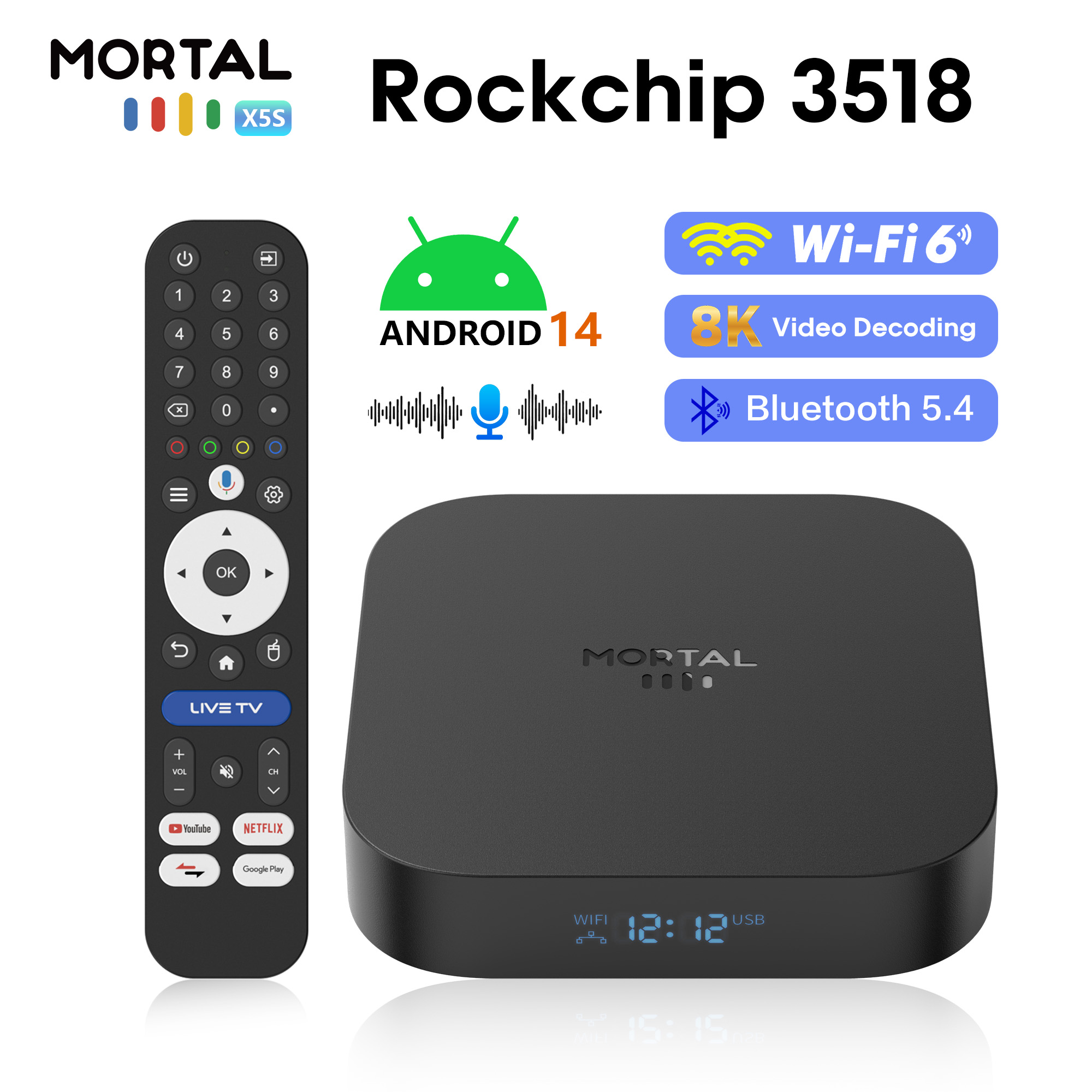Radxa Rock 5B 16Gb - Global X5S Android14 スマートTVボックス。RK3518クアッドコアプロセッサ、Wi-Fi6、Bluetooth5.4、デュアルUIインターフェースを搭載。8K HDストリーミングメディアプレーヤーで、音声操作に対応したリモコンが付属。